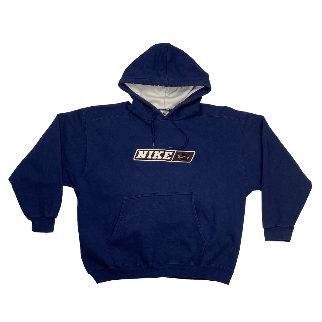 VINTAGE 1990'S NIKE HEAVY EMBROIDERED NAVY HOODIE RUBBER SWOOSH