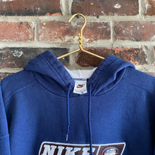 Load image into Gallery viewer, VINTAGE 1990&#39;S NIKE HEAVY EMBROIDERED NAVY HOODIE RUBBER SWOOSH
