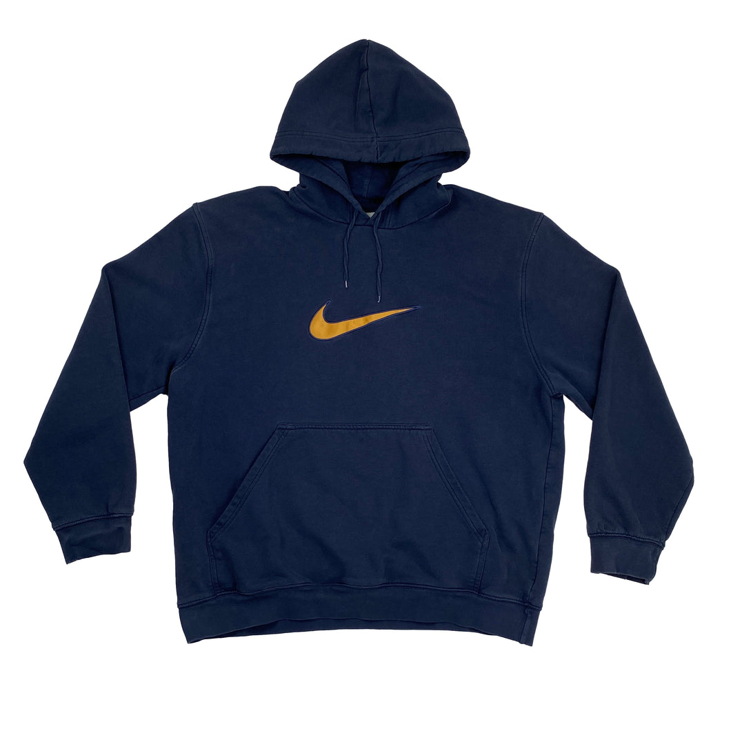 VINTAGE 2000'S NIKE LARGE YELLOW SWOOSH NAVY EMBROIDERED HOODIE