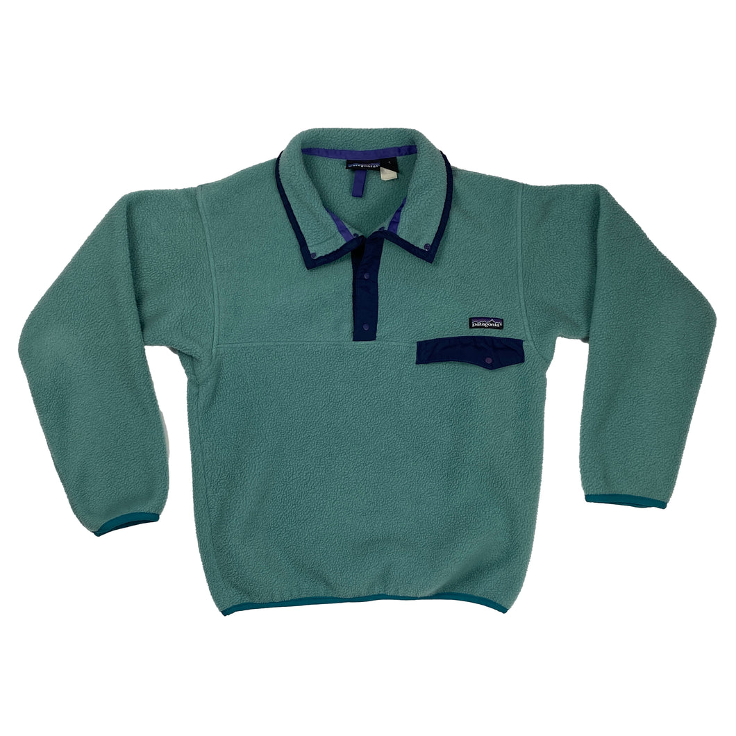 VINTAGE PATAGONIA MINT GREEN AND NAVY QUARTER BUTTON-UP FLEECE