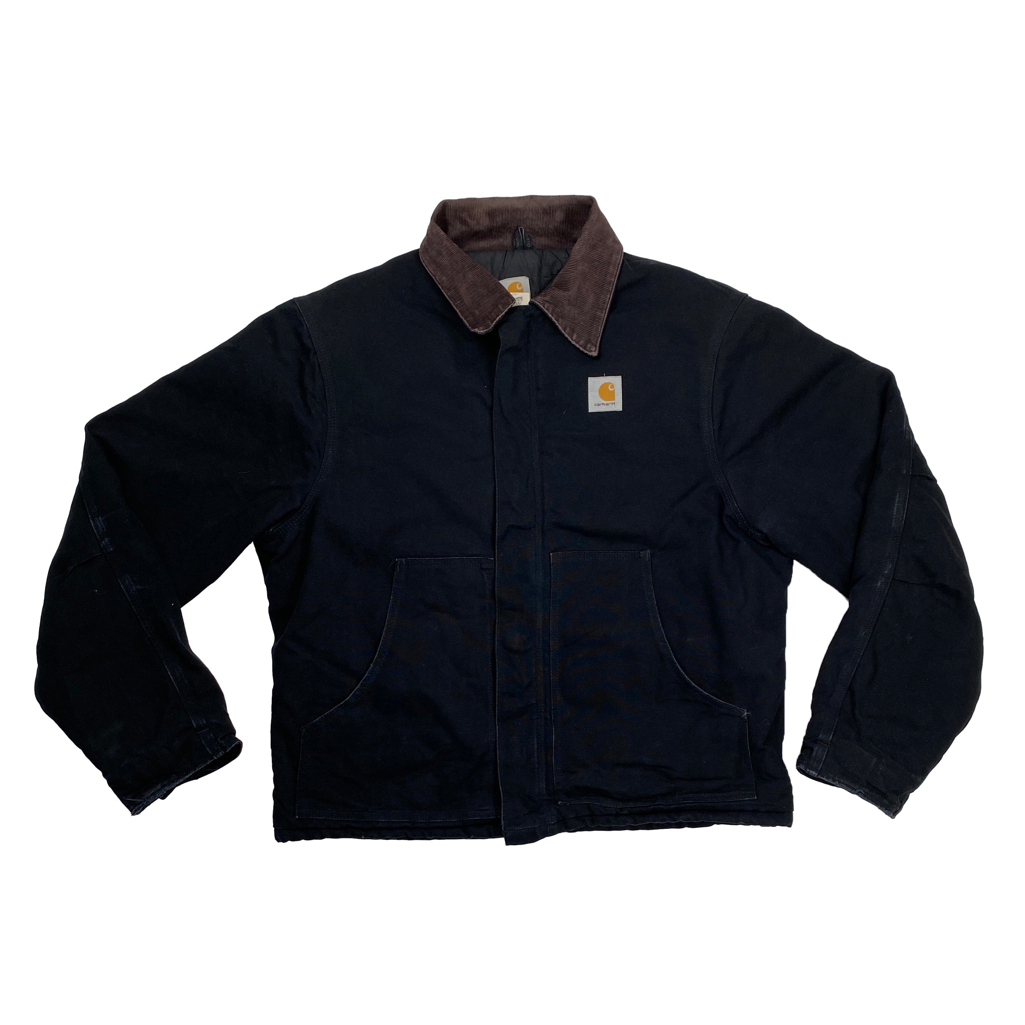 VINTAGE CARHARTT WORKWEAR JACKET IN BLACK WITH BROWN CORDUROY COLLAR